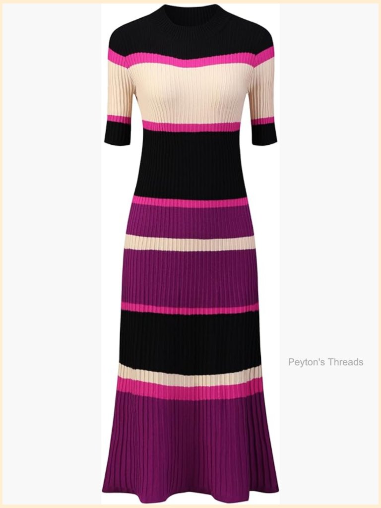 Women's Knit Striped Midi Ribbed Sweater Dress - Short Sleeve